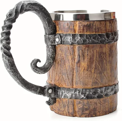 Taza de cerveza vintage con barril de madera de roble sintético, medieval, retro, vikingo, de acero inoxidable, taza de 17 oz/16.9 fl oz, regalo