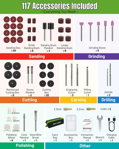 Miniatura 6 de PHALANX Kit de herramientas rotativas inalámbricas de 8 V, batería de 2.0 Ah recargable con 73 accesorios, luz LED de 5 velocidades, ideal para Kit