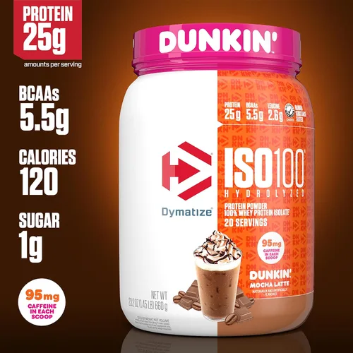 Miniatura 3 de Dymatize ISO100 - Proteína hidrolizada en polvo sabor Dunkin' Mocha Latte, 100% aislado de proteína de suero, 0.88 oz (25 g) de proteína , 95 mg