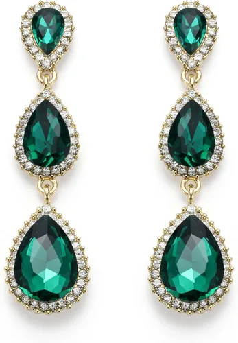 EleQueen Pendientes de cristal austriaco en tono dorado para mujer, forma de pera de 2.5 pulgadas, color esmeralda