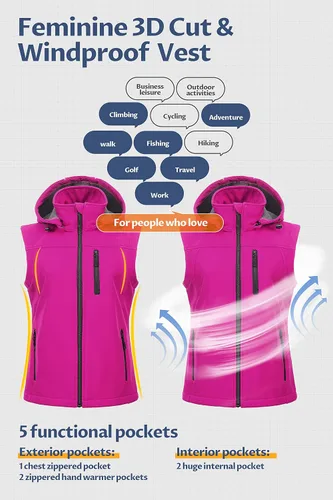 Miniatura 5 de CREATMO US Chaleco ligero de Softshell para mujer, chaqueta sin mangas cortavientos con capucha extraíble