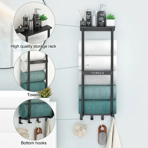 Miniatura 3 de Toallero para baño, toallero de pared de metal negro con estante y 4 ganchos, organizador de almacenamiento de toallas de baño