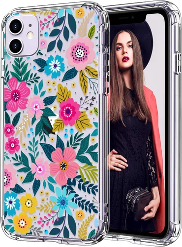 ICEDIO - Funda para iPhone 11 con protector de pantalla, transparente y con bonitos patrones de coloridas flores naciendo, para niñas y mujeres, a