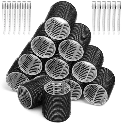 Grandes rodillos de pelo autoagarrantes con clips de pico de pato de acero inoxidable para cabello largo, medio, grueso y flequillo (negro)