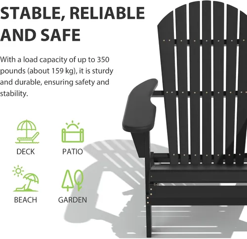 Miniatura 5 de Folding Adirondack Chair,Ergonomic Patio Wood Chairs with Wide Armrest,350LBS Weather Resistance Lawn Chair for Poolside,Outdoor Garden Lounge Black