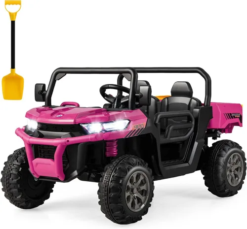 HONEY JOY - Camión volcador eléctrico todoterreno de 2 plazas, 12 V, con control remoto, cama basculante, pala, música, suspensión de resorte, Rosa