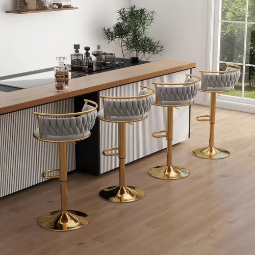 Miniatura 25 de Juego de 2 taburetes de bar giratorios de 360°, silla de bar de terciopelo ajustable a altura de mostrador moderna, taburete de metal plateado