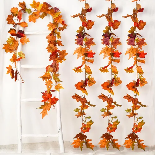 DearHouse 4 piezas de hojas de arce de otoño, 5.9 pies/pieza, guirnalda de vid colgante artificial de otoño, follaje de otoño, decoración de Acción