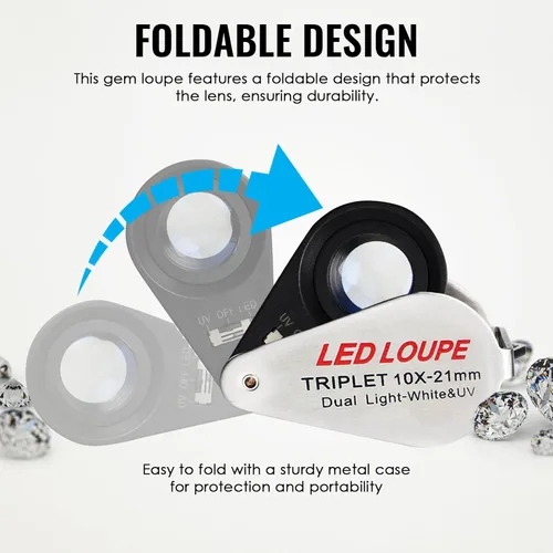 Miniatura 2 de 10x Lupa de Bolsillo Plegable con Luz UV y LED para Joyas, Rocas, Monedas y Antigüedades - Herramienta de Aumento Iluminada para Ojos, Sellos, 10