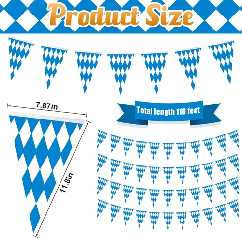Miniatura 2 de Bandera de cuadros bávaros de Oktoberfest de 118 pies, banderín bávaro grande para Oktoberfests alemanes para decoración de fiestas temáticas