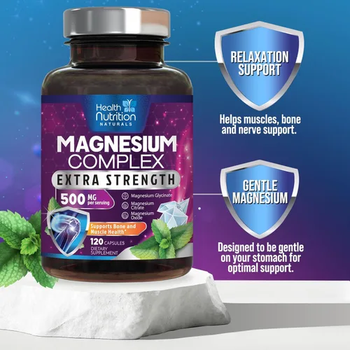 Miniatura 7 de Complejo de magnesio de 500 mg por porción – Cápsulas de polvo de magnesio de absorción máxima para músculos, nervios, huesos y corazón, complejo