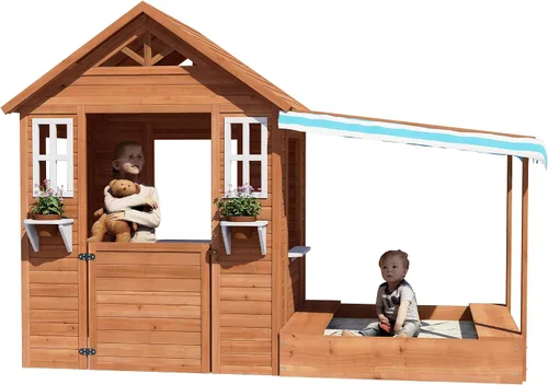 BIRASIL Casa de juegos para niños con arenero, casa de juego de madera para exteriores con fosa de arena para jardín trasero, edades de 3 a 10 años