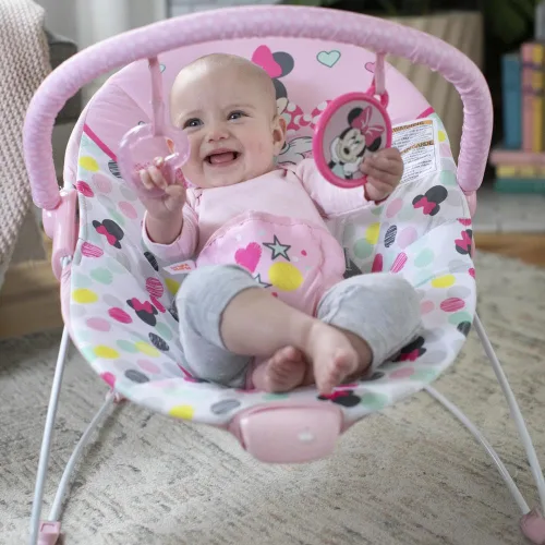 Miniatura 3 de Bright Starts Disney Baby Minnie Mouse Balancín para bebé con vibraciones relajantes y peluche Asiento para bebé - Barra de juguete extraíble, pies