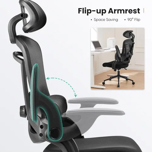 Miniatura 4 de DUMOS Silla de oficina ergonómica, reposacabezas ajustable y soporte lumbar, brazos abatibles, capacidad de 330 libras (negro clásico)