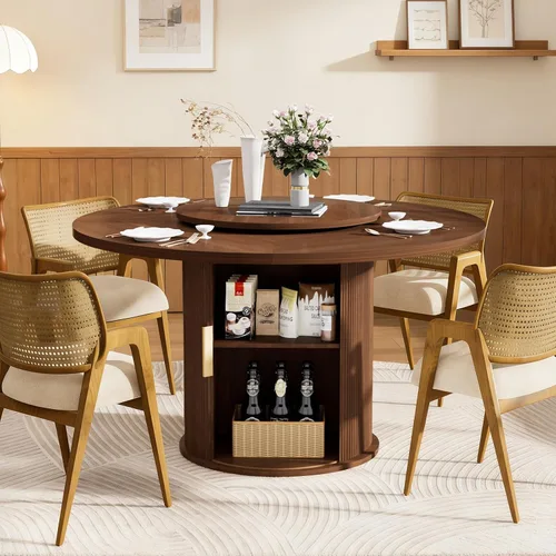 Miniatura 11 de SoarFlash Mesa de comedor redonda de 31.5 pulgadas para 2-3, mesa de cocina circular de granja con espacio de almacenamiento, base de tira de madera