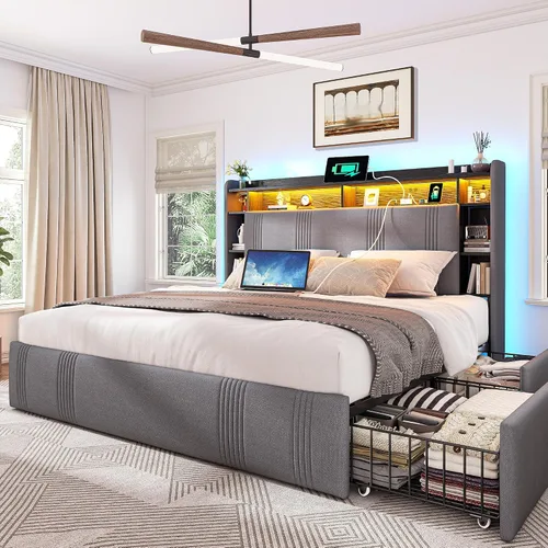 Miniatura 9 de EnHomee Base de cama de tamaño matrimonial con cabecera tapizada con estante, 4 cajones grandes, luces LED, estación de carga, plataforma resistente