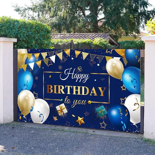 Miniatura 4 de Sumind Cartel de fondo de feliz cumpleaños para hombres, decoraciones de cumpleaños azul marino y dorado, fondo de fotos, suministros