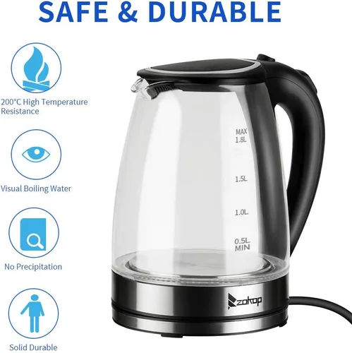 Miniatura 7 de Hervidor eléctrico saludable de 1.8 L, hervidor de té de vidrio de borosilicato de 1200 W con material de grado alimenticio, apagado automático