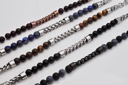 Miniatura 2 de Pulsera de eslabones Franco de acero inoxidable con cuentas de piedras preciosas genuinas