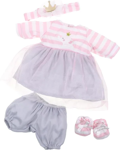 JC Toys | Berenguer Boutique | Traje de muñeca bebé | Vestido de rayas rosas con falda de tul, pantalones cortos, diadema y botines, se adapta a
