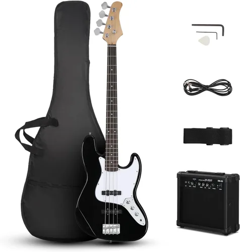 Ktaxon Bajo eléctrico con amplificador de 20 W, kit de bajo eléctrico de 4 cuerdas para diestros para principiantes y profesionales con bolsa, Negro