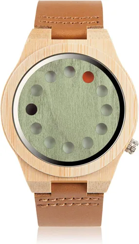 Miniatura 9 de BOBO BIRD Reloj de madera de bambú para hombre con correa de cuero de vaca negra, 12 agujeros, diseño temporizador, relojes deportivos casuales
