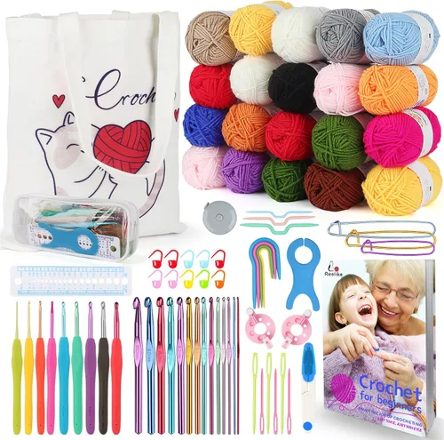 Miniatura 10 de Aeelike Kit de ganchillo con bolsa para viajes, kit fácil de aprender a ganchillo para principiantes de todas las edades, el kit de inicio