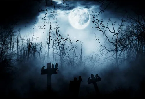 Miniatura 5 de Leyiyi Telón de fondo gótico de Halloween de 5 x 3 pies, grunge, cementerio, tumba, piedra cruz, cuervos, bosque brumoso, luna llena, murciélagos