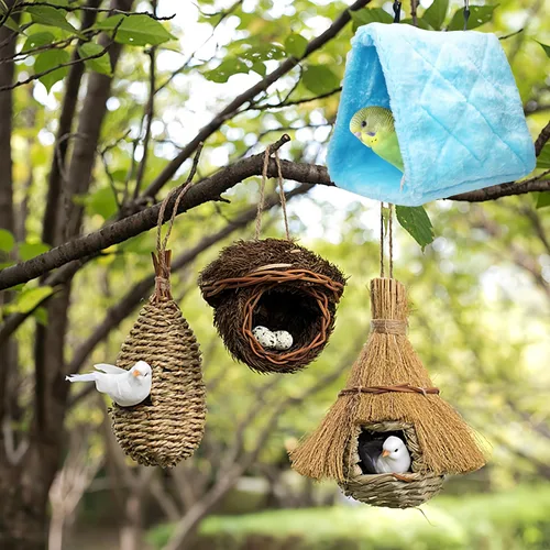 Miniatura 5 de Paquete de 2 hamacas colgantes para cama de nido de pájaros, cama para dormir, cueva colgante de felpa, cabaña feliz para mascotas, loro, periquito