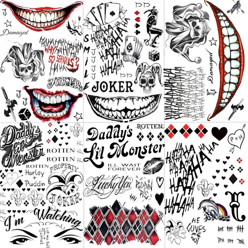 Miniatura 8 de 5 hojas de tatuajes temporales de Halloween HQ para mujeres, hombres y adultos, tatuajes de manos de cara de Joker, kit de maquillaje de Halloween
