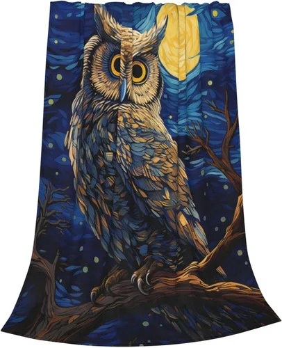 Miniatura 2 de Manta de búho para adultos y niños, regalos para los amantes de los búhos, manta de franela con pintura de cielo estrellado azul, suave, cómoda