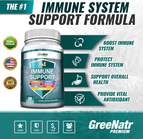 Miniatura 3 de GreeNatr Suplemento de apoyo inmunológico con vitamina C, D3, cinc 50 mg, quercetina, equinácea purpurea, sambucus saúco y jengibre para una defensa