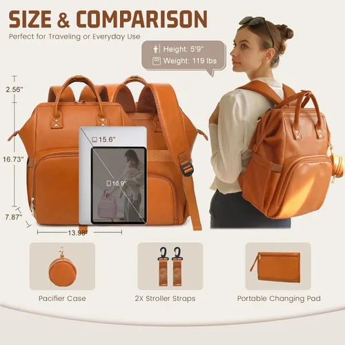 Miniatura 8 de ROSEGIN Mochila para pañales de piel vegana prémium con cambiador impermeable - Costuras y cremalleras reforzadas, bolsa de bebé para niño y niña