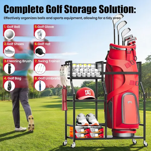 Miniatura 3 de TOOLF Organizador de bolsas de golf, almacenamiento para palos de golf con ruedas, soporte de metal resistente para bolsa de golf para el hogar