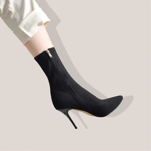 Miniatura 2 de vivianly Botines elásticos con punta puntiaguda, botas de tobillo a media pantorrilla, botas de tacón de aguja para mujer