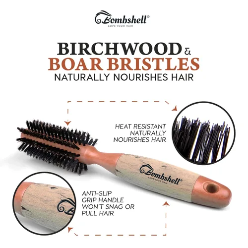 Miniatura 3 de Bombshell Cepillo Redondo de Madera de Abedul – 1.75 pulgadas de ancho, 10 pulgadas de largo, cerdas de jabalí, mango de madera natural