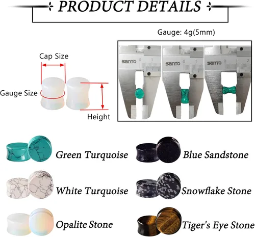 Miniatura 29 de Qmcandy - Juego de 6 pares / 16 pares de dilatadores para las orejas, de piedra mixta, expansores, conjunto de perforación corporal calibre 8G a 3/4