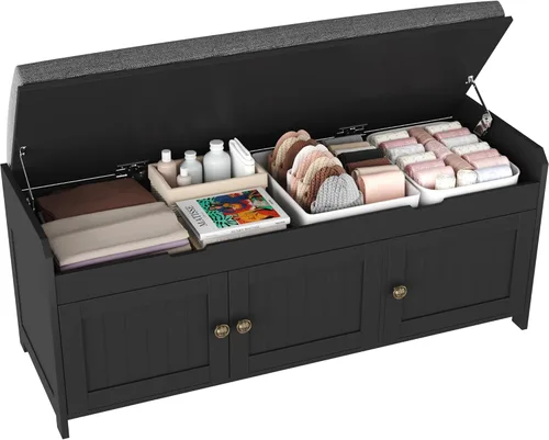 Miniatura 19 de HOMEFORT Banco para Zapatos de 30" con Almacenamiento de Tapa Elevable, Banco de Entrada con Asiento Acolchado, Banco de Madera para Pie de Cama