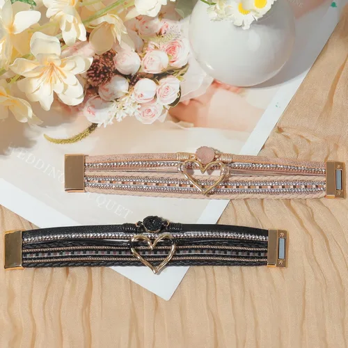 Miniatura 6 de 2 pulseras bohemias de cuero tejido multicapa con incrustaciones de diamantes de imitación en forma de corazón, apilables, joyería para mujer