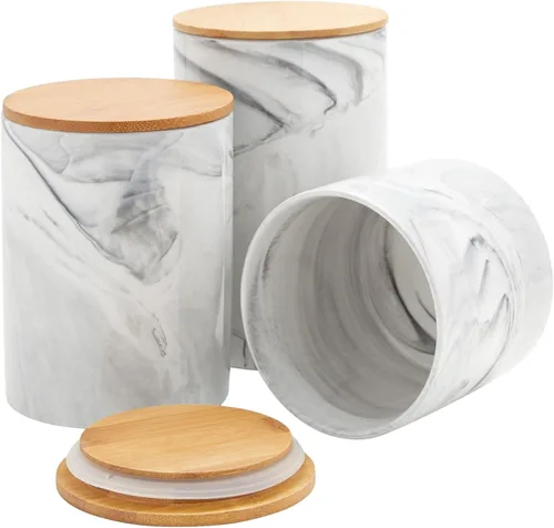 Miniatura 6 de Farmlyn Creek Juego de tarros de cerámica, tapas de madera herméticas para tarros de encimera de cocina, recipientes de cerámica de mármol blanco