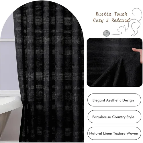 Miniatura 8 de OVZME Cortina de ducha bohemia negra, cortina de ducha estrecha de tela suave a rayas de lino texturizado con borla, moderna decoración de baño