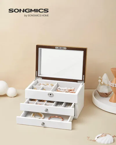Miniatura 2 de SONGMICS UJOW15WN - Joyero organizador de joyas de 3 niveles con bloqueo y espejo grande 2 cajones idea de regalo para anillos aretes pulseras