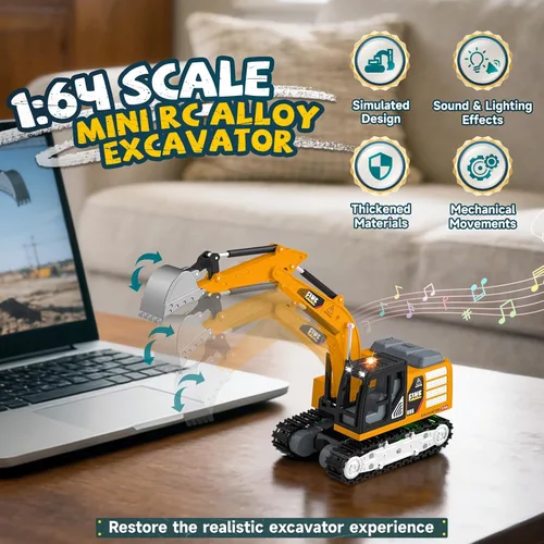 Miniatura 2 de YESHIN Excavadora de control remoto 1/64, mini vehículo de construcción RC de aleación de metal con pala, excavadora RC de carga directa tipo C