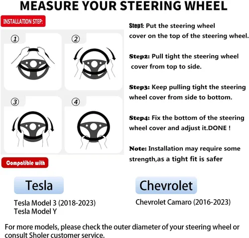 Miniatura 5 de Funda de volante en forma de D para Tesla Model 3 / Y, para Camaro, 14-14.25 pulgadas, funda de cuero negro para volante de automóvil para hombres