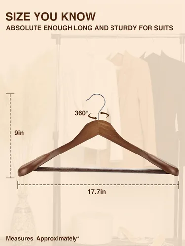 Miniatura 8 de SMARTOR Perchas de madera para hombres paquete de 8 perchas de madera con hombro ancho con barra antideslizante para pantalones, colgador ancho