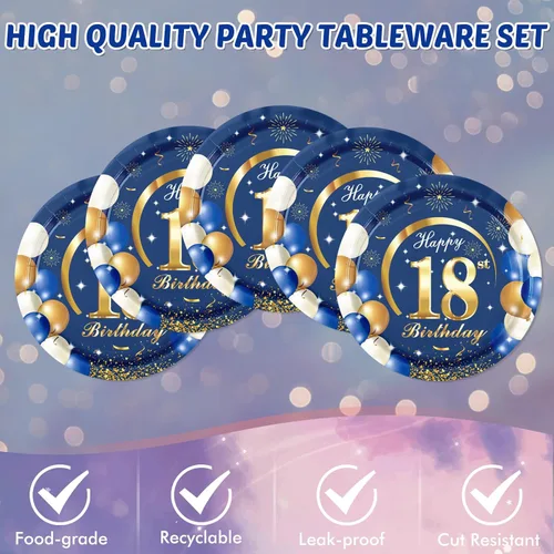 Miniatura 4 de Juego de 41 piezas de decoraciones de cumpleaños número 18 para él, temática azul y dorada, regalos de cumpleaños de 18 años, platos, servilletas
