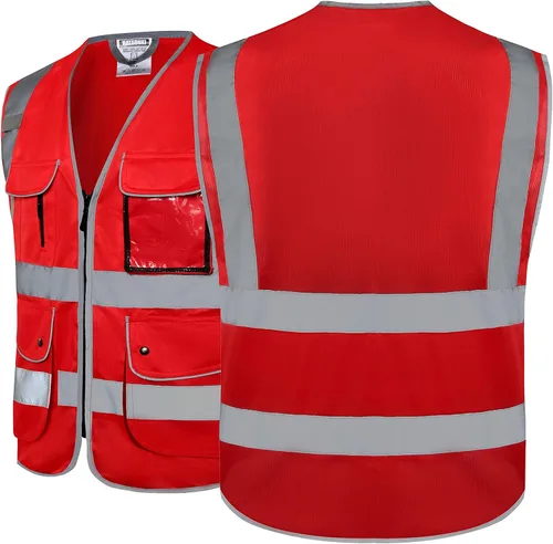 Miniatura 2 de Chalecos de seguridad retroreflectantes Clase 2 con 9 bolsillos y cremallera frontal ANSI/ISEA 107-2015 (rojo-3, 3XL)