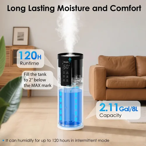 Miniatura 2 de Humidifiers for Large Room 550 ft² - GloryAir 8L Cool Mist Humidifier for Bedroom Home Plants Baby, Top Fill, 120H Runtime, 4 Mist Spray Levels