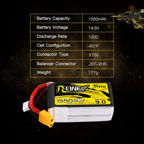 Miniatura 2 de Tattu R-Line 14.8V 1550mAh 4S 120C Batería Lipo con enchufe XT60 para FPV Racing Drones