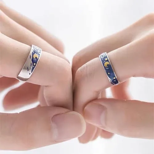 Miniatura 2 de 2 anillos de estilo vintage Van Gogh cielo estrellado pareja noche estrellada Van Gogh anillos abiertos para mujeres niñas vintage plata ajustable